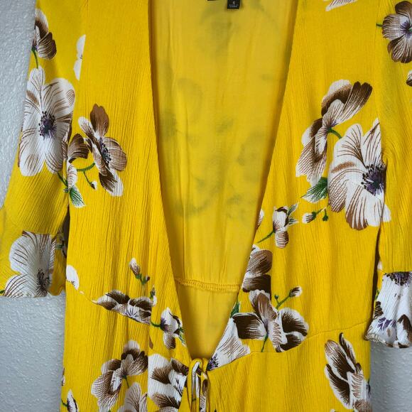 Lulus Cover Up Rayon Mustard Yellow Floral Print Kimono Top Flounce Sleeve - Picture 5 of 10
